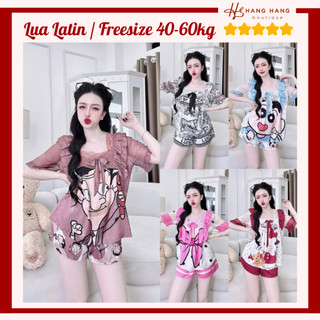 Đồ ngủ nữ 40-60kg, pijama đùi ngắn tay voan cổ vuông ren lụa mịn latin 60CC16, đồ bộ nữ đồ mặc nhà tiểu thư dễ thương