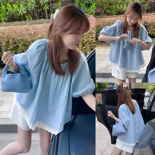 Áo babydoll cổ tròn phối ren tay phồng HaChang - A16