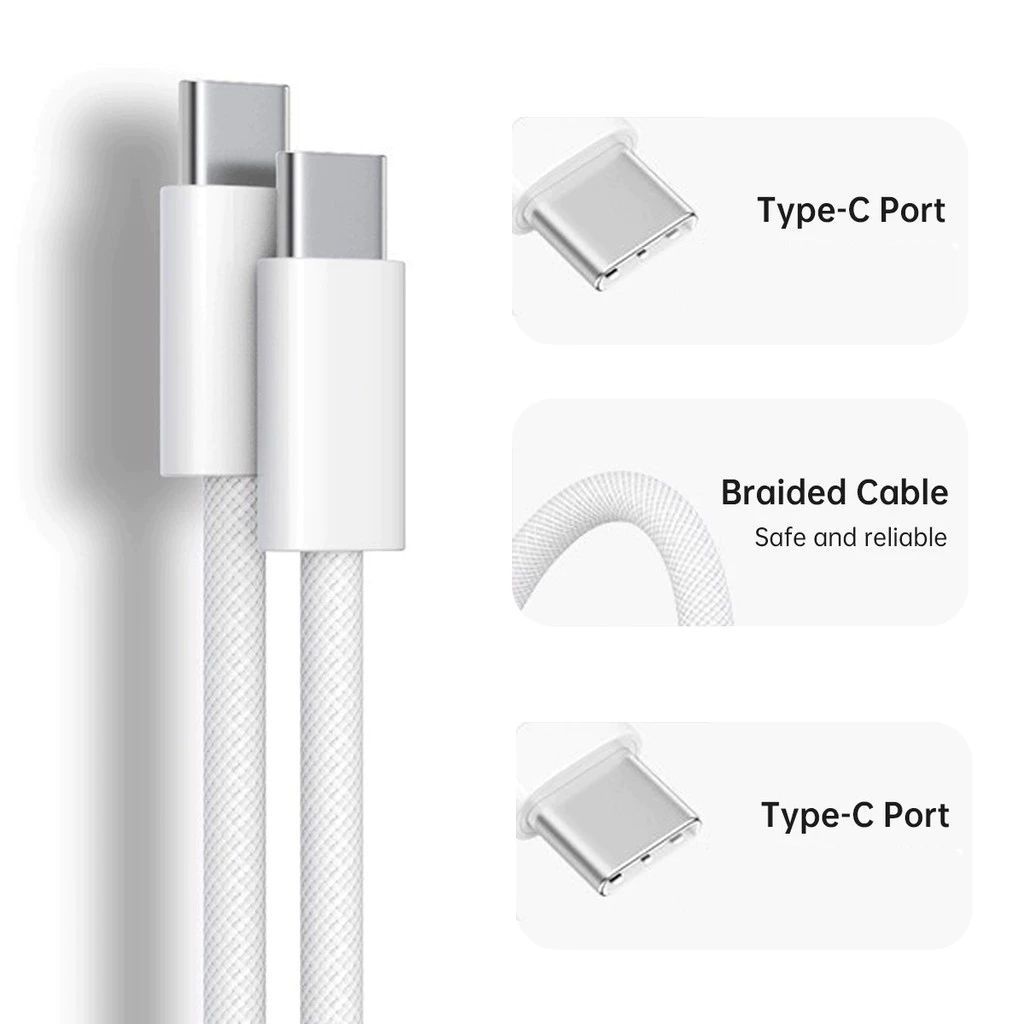 Cáp Sạc Nhanh Type C – Type C 1m Bọc Dù Trắng, Hỗ Trợ Sạc Nhanh, Dây Sạc Bền Chống Gãy Gập C16