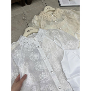 Áo sơ mi tơ mỏng dài tay/cộc tay thêu hoa trà nổi cổ ren (kèm áo hai dây mặc trong) #9987-#9987-2