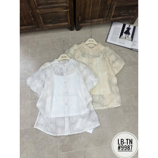 Áo sơ mi tơ mỏng dài tay/cộc tay thêu hoa trà nổi cổ ren (kèm áo hai dây mặc trong) #9987-#9987-2
