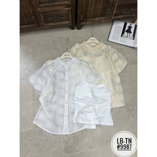 Áo sơ mi tơ mỏng dài tay/cộc tay thêu hoa trà nổi cổ ren (kèm áo hai dây mặc trong) #9987-#9987-2