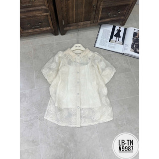 Áo sơ mi tơ mỏng dài tay/cộc tay thêu hoa trà nổi cổ ren (kèm áo hai dây mặc trong) #9987-#9987-2