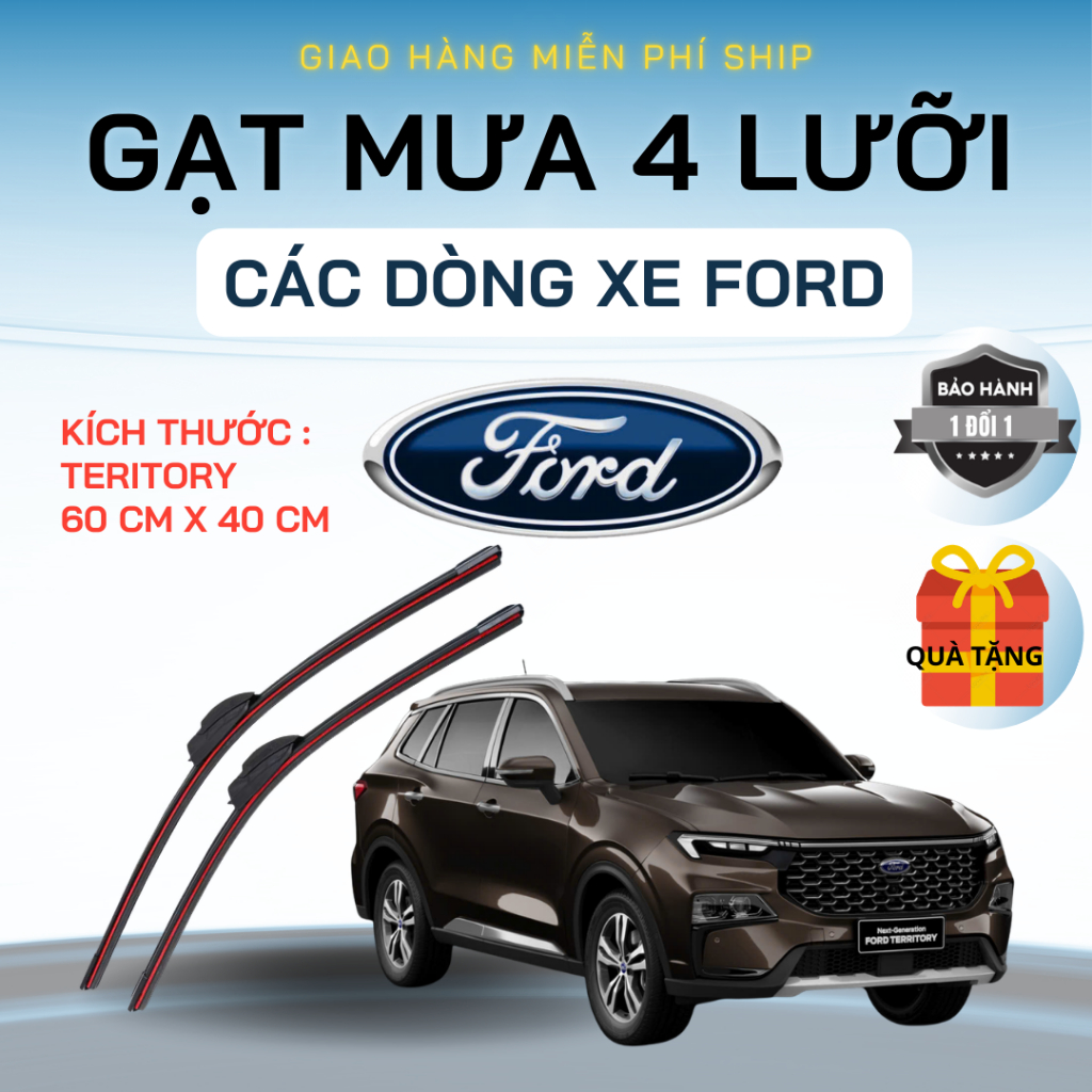Gạt Mưa Ô Tô FORD TERRITORY, RAPTOR, EVEREST, RANGER, FIESTA, ECOSPORT, TRANSIT Silicon 4 Lưỡi. F4L