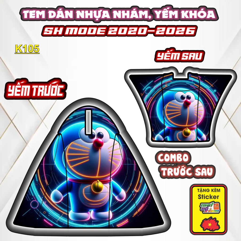 Tem Dán Nhựa Nhám SH MODE 2020-2026 Mẫu DORẺMON/CACBON Độc Đáo,Trang Trí Xe Máy Chống Bay Màu