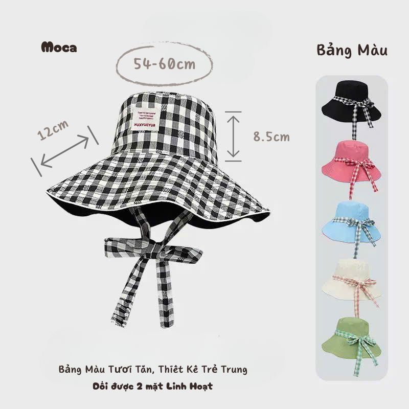 Mũ Bucket Vành 2 Mặt kẻ caro chống nước chống tia UV che nắng, đi biển. Màu sắc tươi tắn. Nhẹ, Thoáng Khí MV#3 Moca