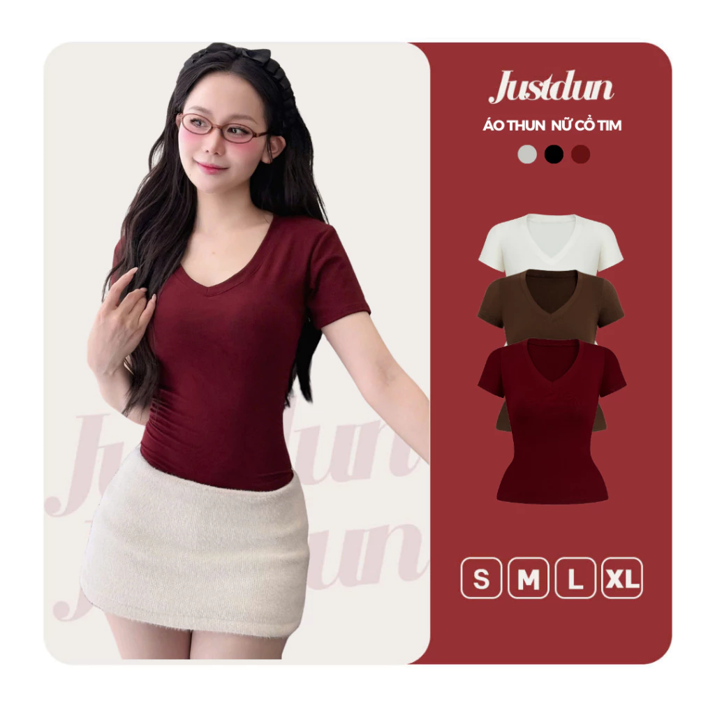Áo Thun Nữ Basic Cổ Tim Trơn JUSTDUN A2 – Chất Cotton Lông Mịn Cao Cấp, Co Giãn 4 Chiều