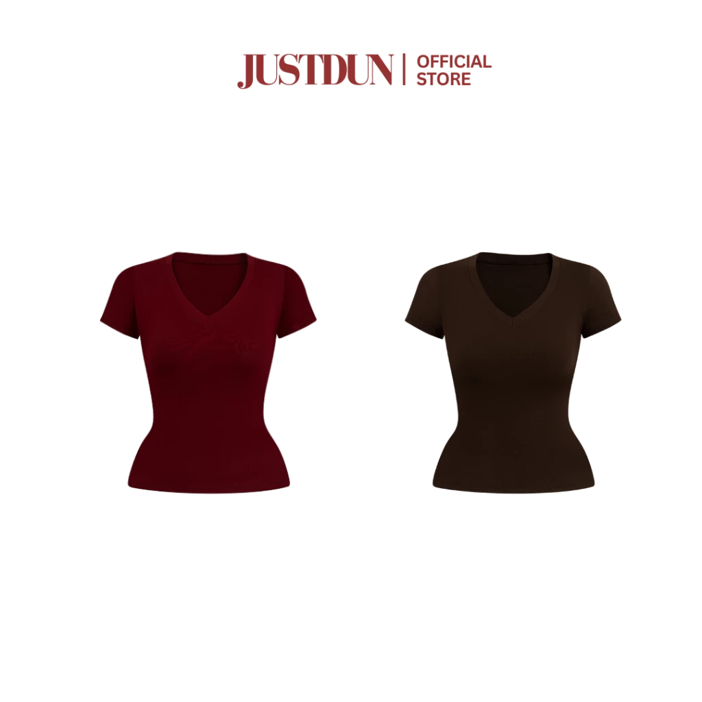 Áo Thun Nữ Basic Cổ Tim Trơn JUSTDUN A2 – Chất Cotton Lông Mịn Cao Cấp, Co Giãn 4 Chiều