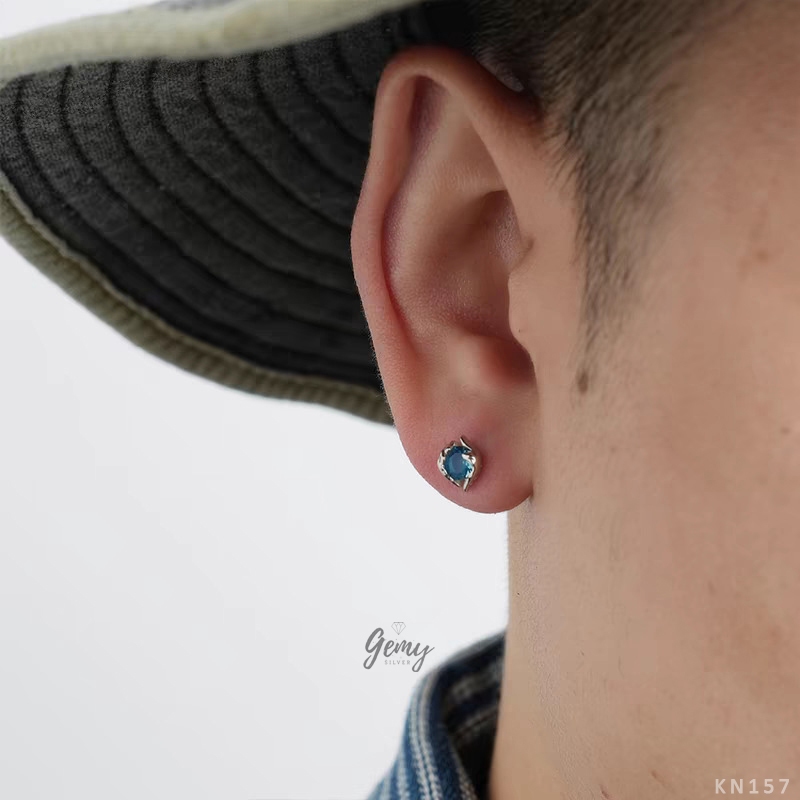 Khuyên tai thanh thẳng nam bạc 925 đính đá Broken Stone xanh cá tính unisex (1 chiếc) KN157 | GEMY SILVER