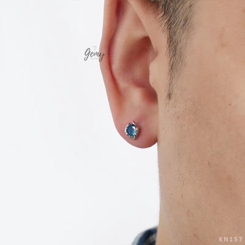 Khuyên tai thanh thẳng nam bạc 925 đính đá Broken Stone xanh cá tính unisex (1 chiếc) KN157 | GEMY SILVER