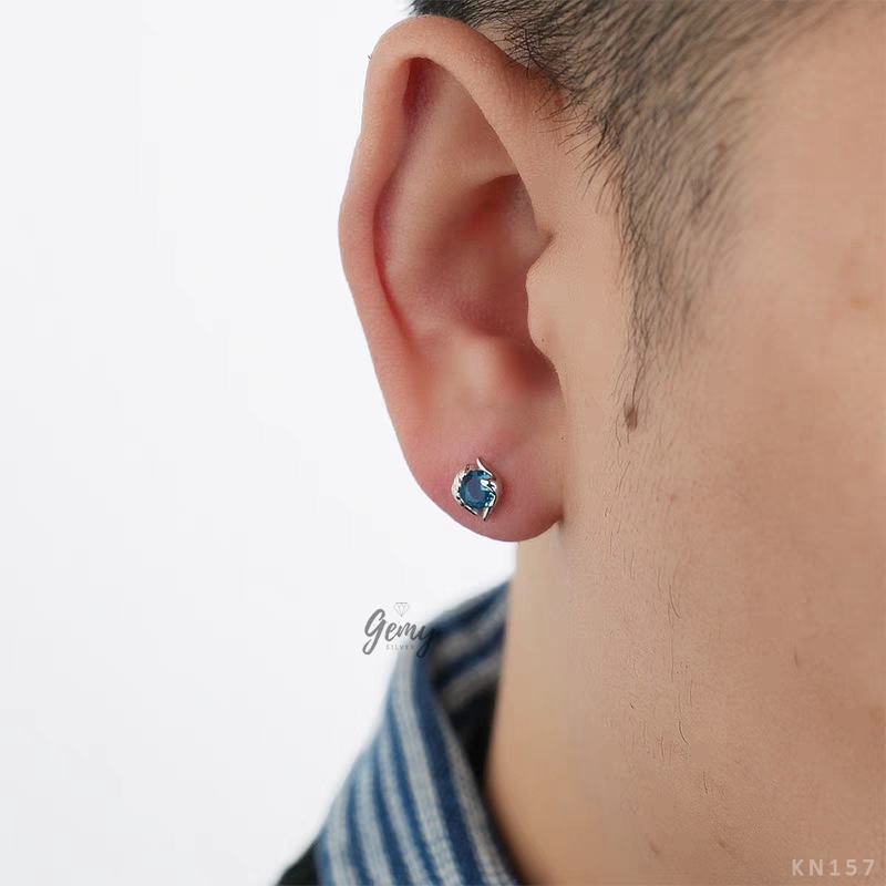 Khuyên tai thanh thẳng nam bạc 925 đính đá Broken Stone xanh cá tính unisex (1 chiếc) KN157 | GEMY SILVER