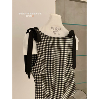 𝐏𝐡𝐢𝐞𝐧 𝐖𝐆𝐖𝐄 | w9017 Áo 2 Dây Kẻ Nơ Vai Đen 2 Màu Caro