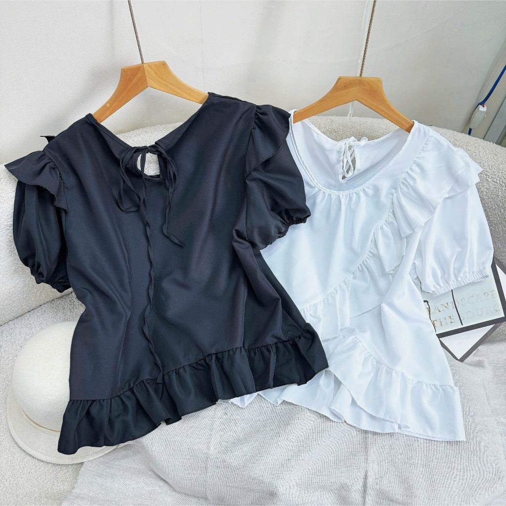Áo Kiểu Babydoll Cổ Tròn Tay Bồng Vạt Tà Chéo Bèo Dễ Thương Vải Lụa Mềm Mịn - SM277