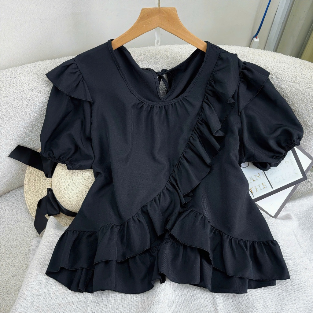 Áo Kiểu Babydoll Cổ Tròn Tay Bồng Vạt Tà Chéo Bèo Dễ Thương Vải Lụa Mềm Mịn - SM277