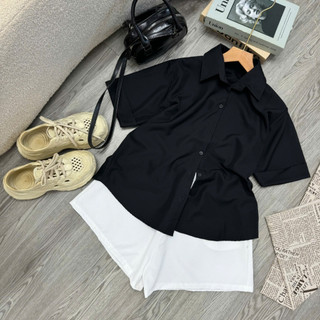 Set Sơ Mi Quần Đùi Bigsize Nữ Áo Somi Tay Ngắn Xẻ Lưng Form Rộng Mix Quần Short Ngắn AT10+Q500