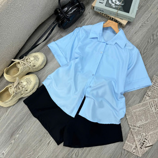 Set Sơ Mi Quần Đùi Bigsize Nữ Áo Somi Tay Ngắn Xẻ Lưng Form Rộng Mix Quần Short Ngắn AT10+Q500