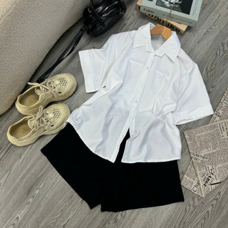 Set Sơ Mi Quần Đùi Bigsize Nữ Áo Somi Tay Ngắn Xẻ Lưng Form Rộng Mix Quần Short Ngắn AT10+Q500