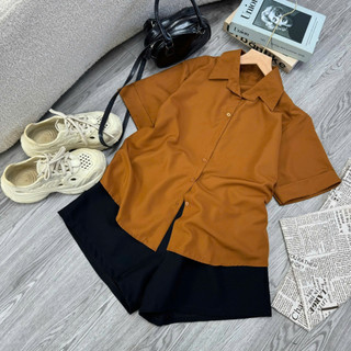 Set Sơ Mi Quần Đùi Bigsize Nữ Áo Somi Tay Ngắn Xẻ Lưng Form Rộng Mix Quần Short Ngắn AT10+Q500