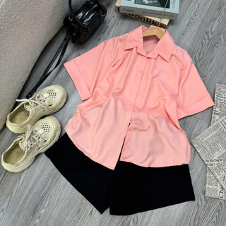 Set Sơ Mi Quần Đùi Bigsize Nữ Áo Somi Tay Ngắn Xẻ Lưng Form Rộng Mix Quần Short Ngắn AT10+Q500