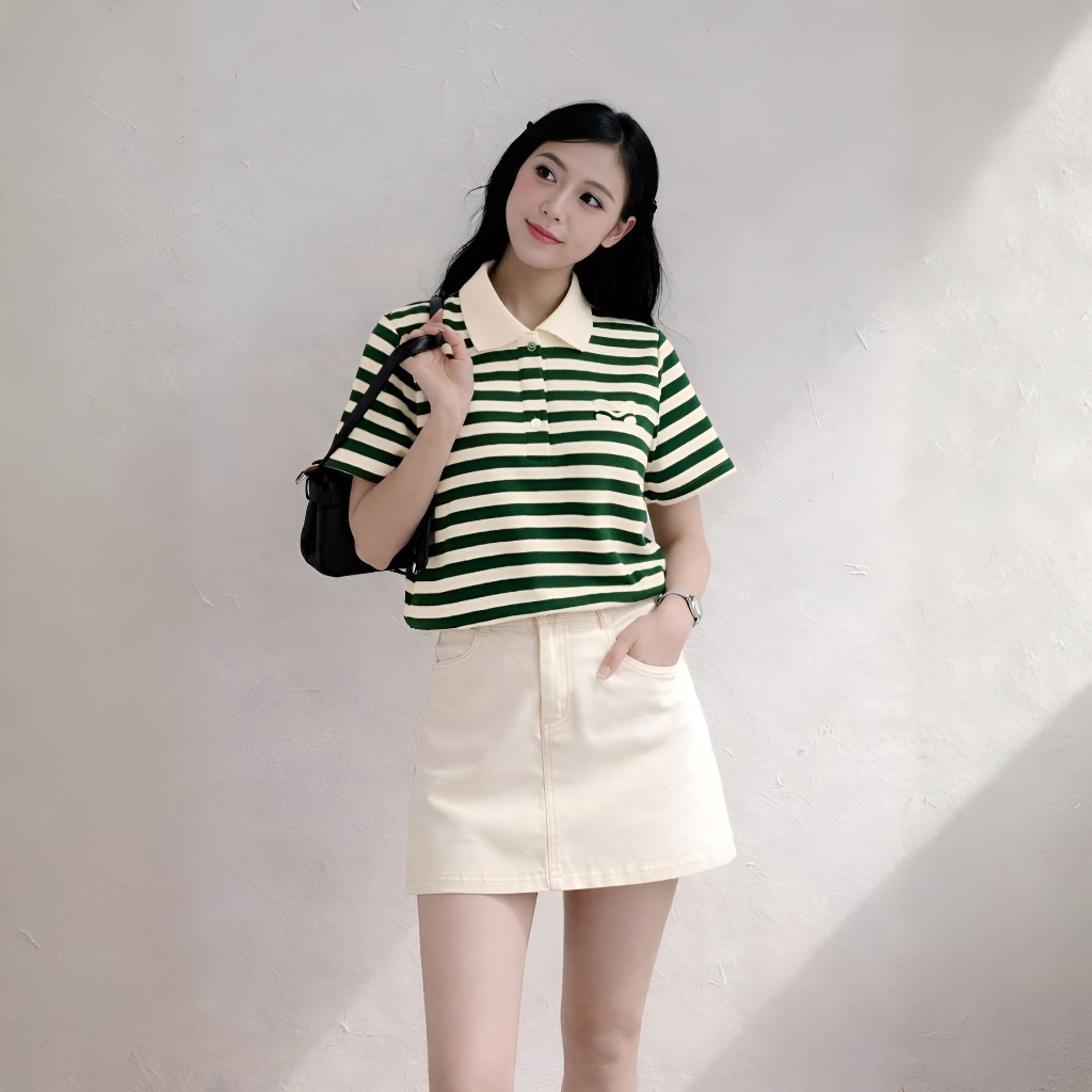 Áo Polo Sọc Màu Xanh Lá Thanh Lịch, Chất Cotton Mềm Mịn.