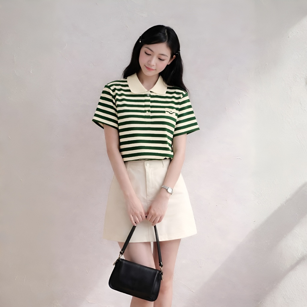 Áo Polo Sọc Màu Xanh Lá Thanh Lịch, Chất Cotton Mềm Mịn.