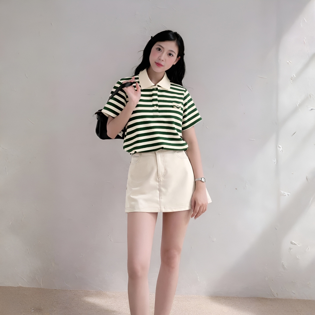 Áo Polo Sọc Màu Xanh Lá Thanh Lịch, Chất Cotton Mềm Mịn.