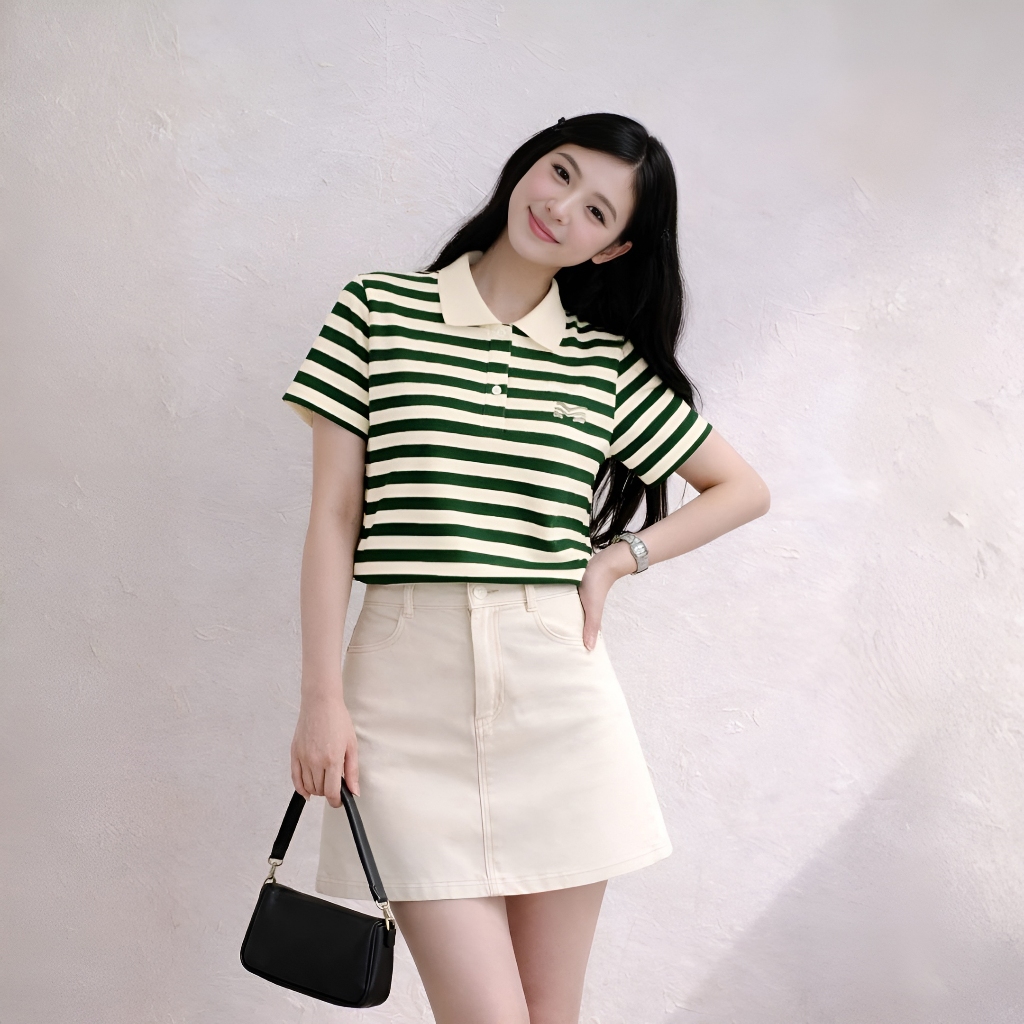 Áo Polo Sọc Màu Xanh Lá Thanh Lịch, Chất Cotton Mềm Mịn.