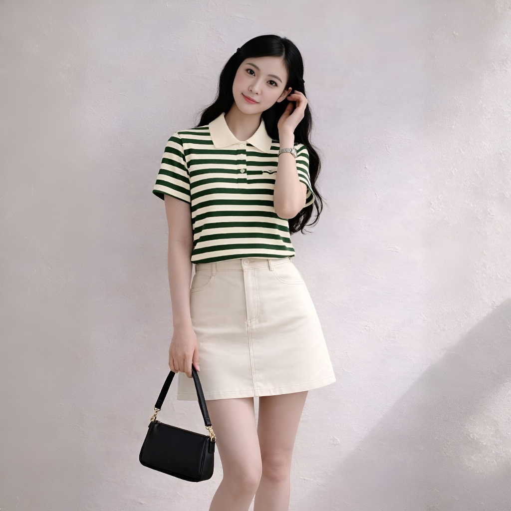 Áo Polo Sọc Màu Xanh Lá Thanh Lịch, Chất Cotton Mềm Mịn.