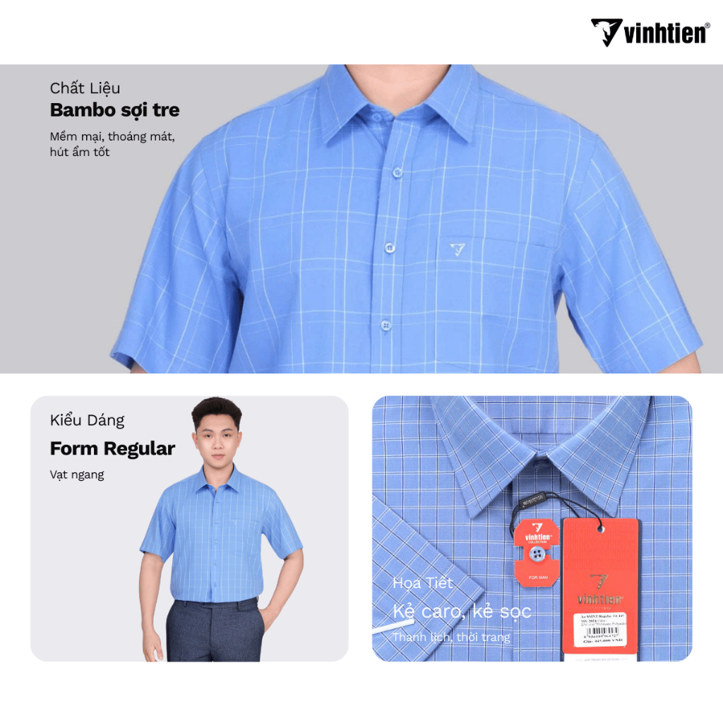 Áo Sơ Mi Nam Ngắn Tay Caro Vải Cotton Spandex Vạt Ngang Form Regular Vĩnh Tiến 445 - Nhiều Màu TK0
