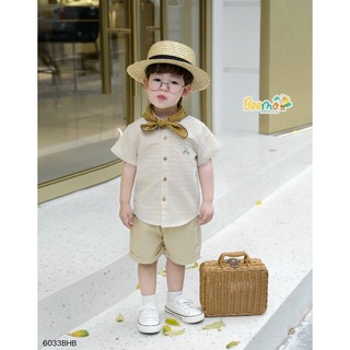 Bộ sơ mi cổ tàu in hình voi ngộ nghĩnh, set sơ mi cộc tay hoạ tiết kẻ phối quần kaki