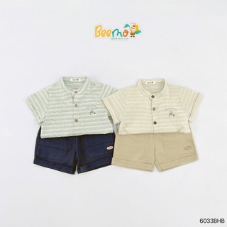 Bộ sơ mi cổ tàu in hình voi ngộ nghĩnh, set sơ mi cộc tay hoạ tiết kẻ phối quần kaki