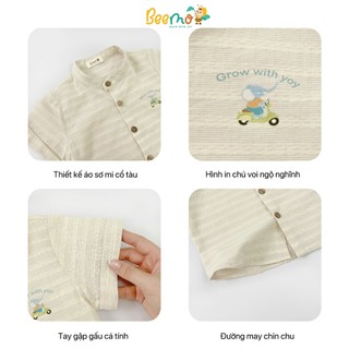 Bộ sơ mi cổ tàu in hình voi ngộ nghĩnh, set sơ mi cộc tay hoạ tiết kẻ phối quần kaki