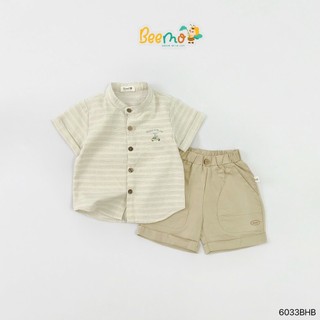 Bộ sơ mi cổ tàu in hình voi ngộ nghĩnh, set sơ mi cộc tay hoạ tiết kẻ phối quần kaki