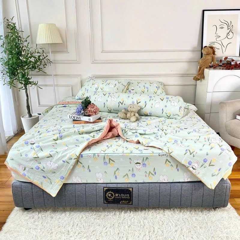 Bộ Chăn Ga Gối 5 Món (Có Vỏ Gối Ôm) Cotton Đũi Đậu Nành Cao Cấp – Chăn Trần Bông Mềm Mịn, Thoáng Mát, Thấm hút