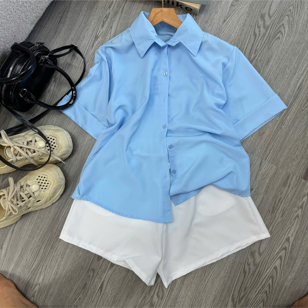 Sét Bigsize Nữ Áo Sơ Mi + Quần Short Lưng chun, Mặc Đi Chơi Đi Làm Đều Xinh 58-90kg AT10+Q500