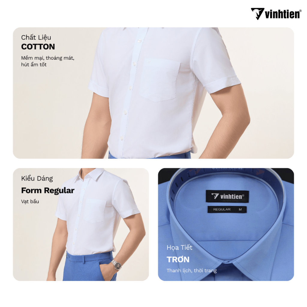 Áo Sơ Mi Nam Ngắn Tay Trơn Màu Vạt Bầu Form Regular Vĩnh Tiến 359 - Nhiều Màu