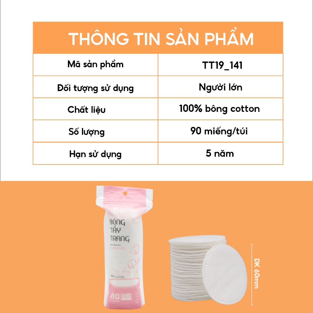Combo 10 túi Bông tẩy trang YUMY 90 miếng tròn, cotton mềm mịn không xơ bông làm sạch da (TT19_141)