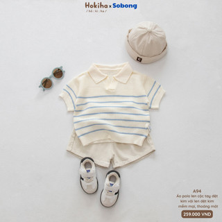 Áo polo len dệt kim cộc tay họa tiết kẻ ngang Hokiha vải len mềm mại, thoáng mát cho bé từ 9-19kg A94