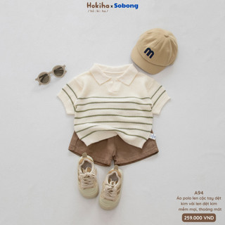 Áo polo len dệt kim cộc tay họa tiết kẻ ngang Hokiha vải len mềm mại, thoáng mát cho bé từ 9-19kg A94