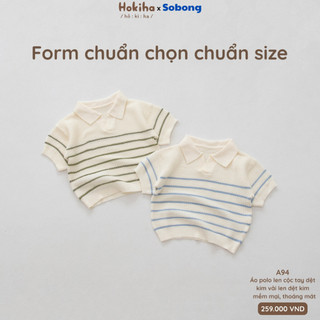 Áo polo len dệt kim cộc tay họa tiết kẻ ngang Hokiha vải len mềm mại, thoáng mát cho bé từ 9-19kg A94