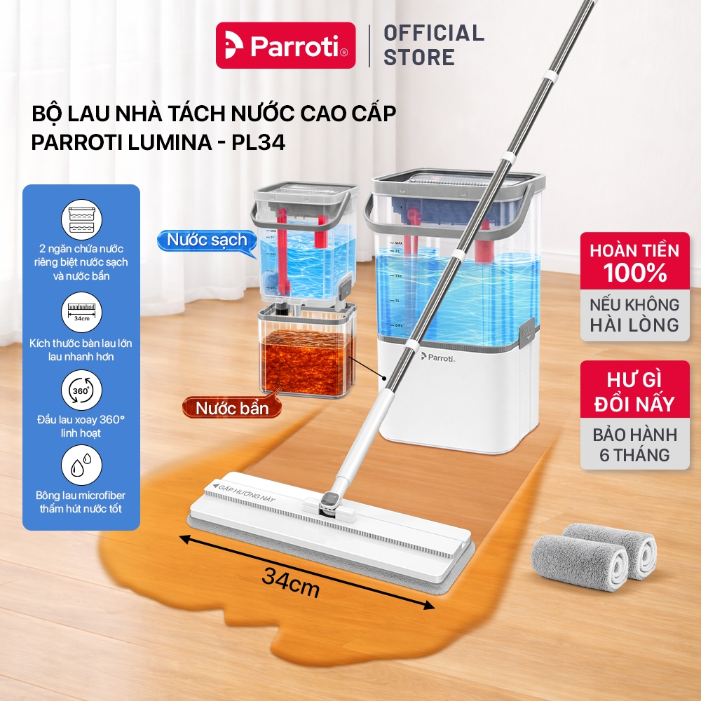 Bộ Lau Nhà Tách Nước Bàn Lau 34cm, Xoay 360 Độ, Tự Vắt Tách Nước Sạch ...