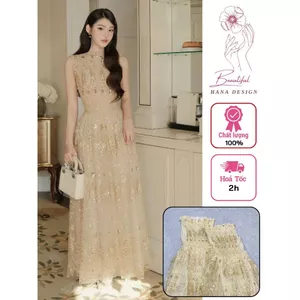 Đầm Xòe Dáng Dài Kim Sa Họa Tiết Chuẩn CHOUCHOU Dự Tiệc Sang Chảnh