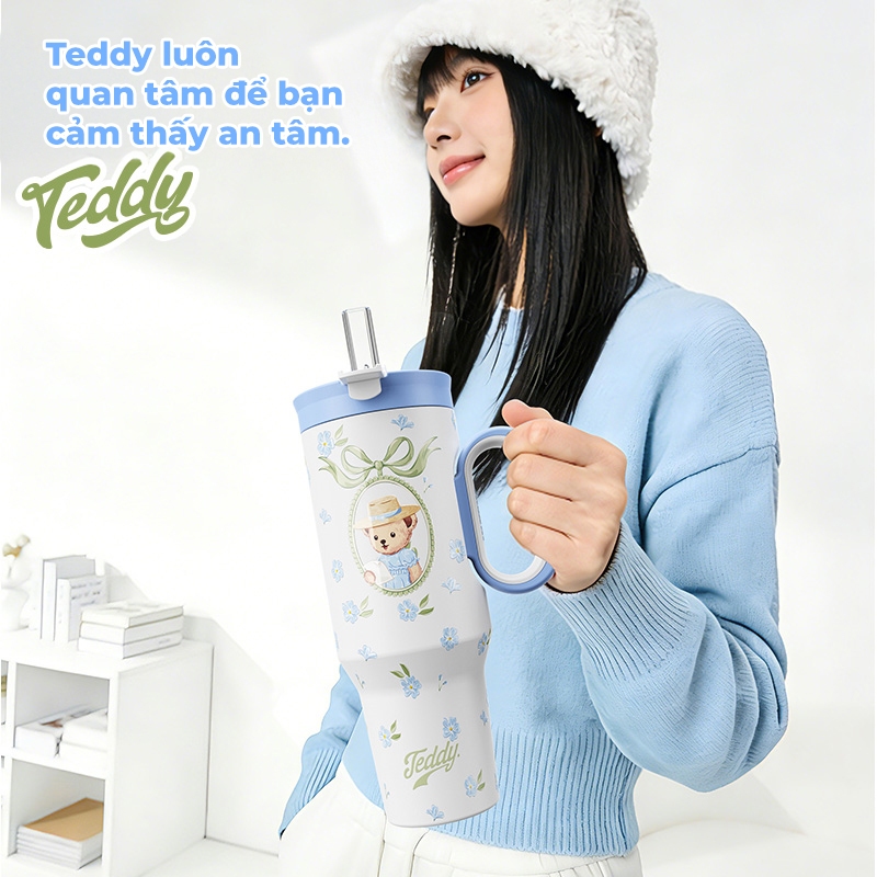 Bình giữ nhiệt Teddy “Hồi âm của hoa” bản sưu tầm, giữ nóng/lạnh, có tay cầm, cốc uống 2 chế độ, phù hợp gym và xe hơi.