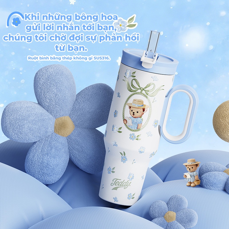 Bình giữ nhiệt Teddy “Hồi âm của hoa” bản sưu tầm, giữ nóng/lạnh, có tay cầm, cốc uống 2 chế độ, phù hợp gym và xe hơi.