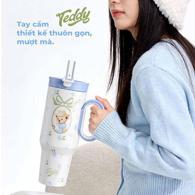 Bình giữ nhiệt Teddy “Hồi âm của hoa” bản sưu tầm, giữ nóng/lạnh, có tay cầm, cốc uống 2 chế độ, phù hợp gym và xe hơi.