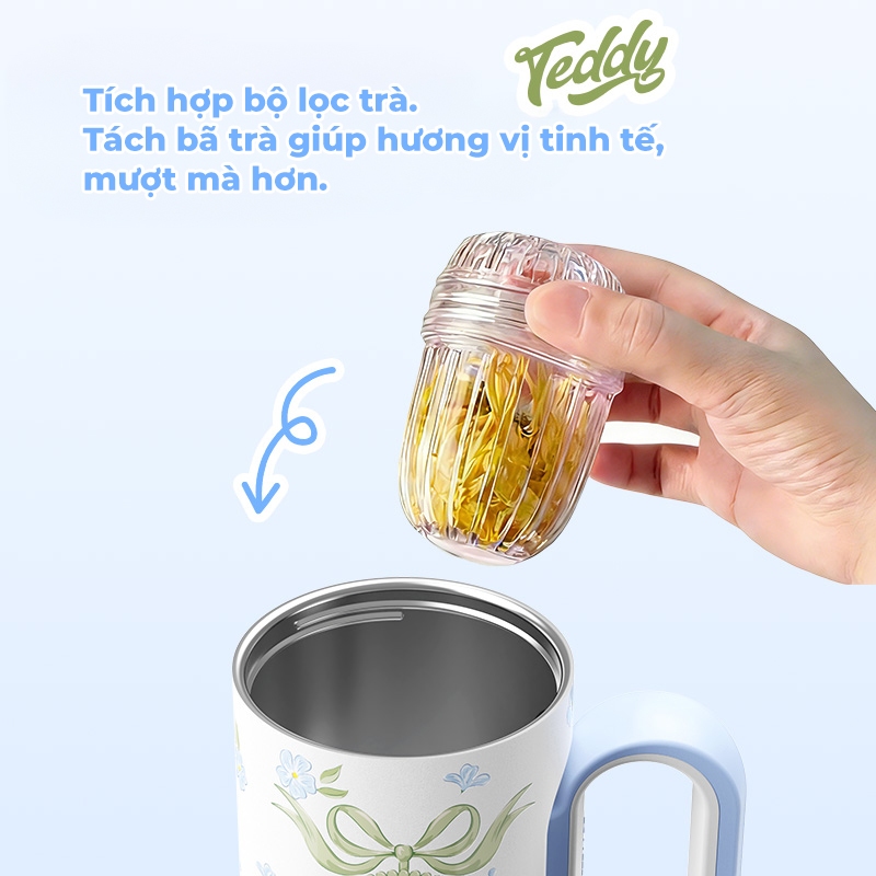 Bình giữ nhiệt Teddy “Hồi âm của hoa” bản sưu tầm, giữ nóng/lạnh, có tay cầm, cốc uống 2 chế độ, phù hợp gym và xe hơi.