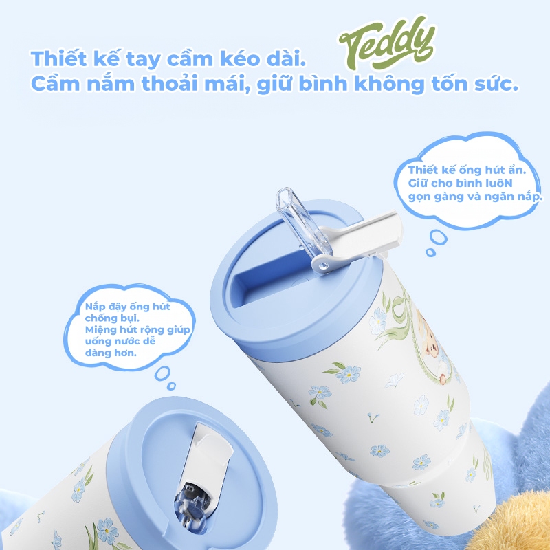 Bình giữ nhiệt Teddy “Hồi âm của hoa” bản sưu tầm, giữ nóng/lạnh, có tay cầm, cốc uống 2 chế độ, phù hợp gym và xe hơi.