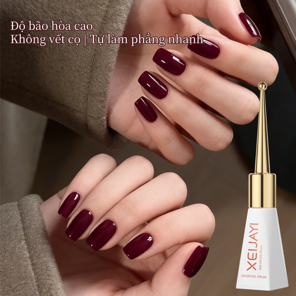 XEIJAYI 10ml - Sơn móng tay dạng gel màu đỏ anh đào đậm, độ bóng lâu trôi, phù hợp cho mọi mùa.