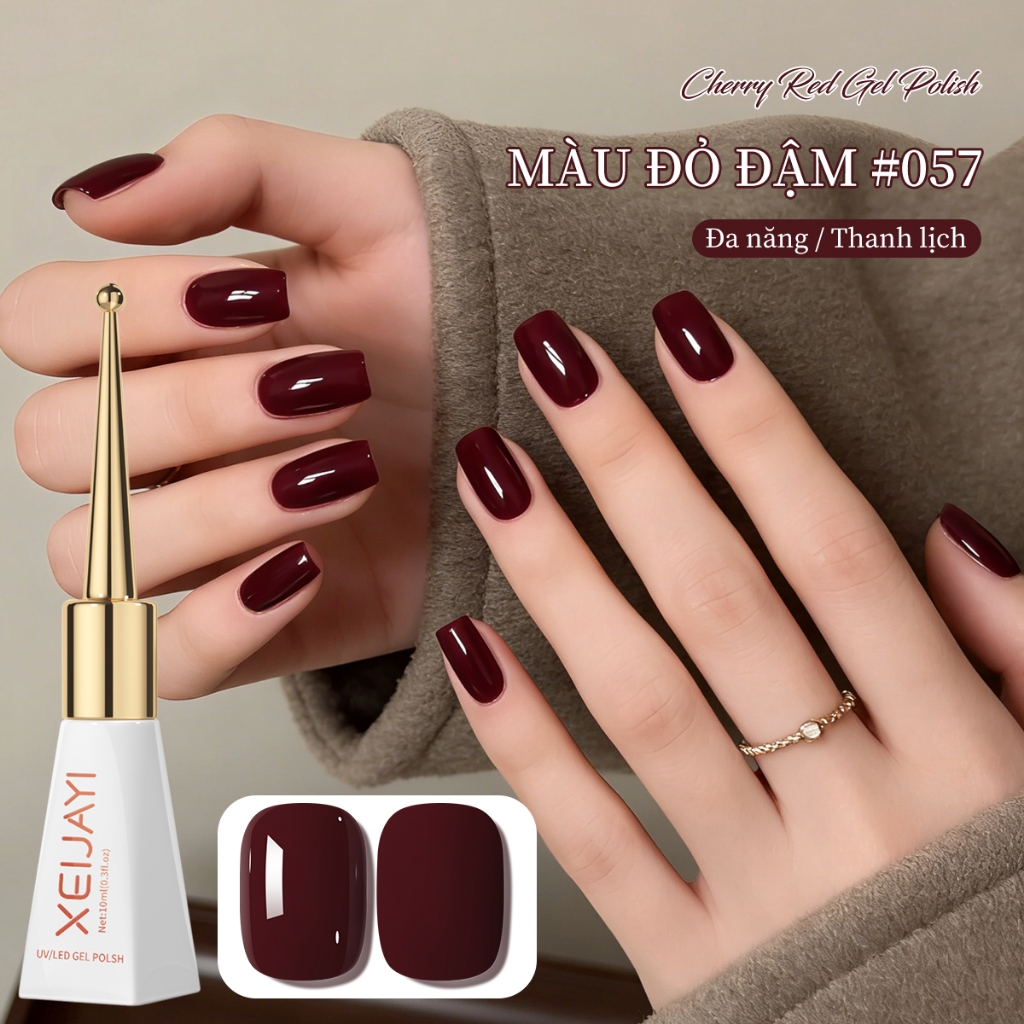 XEIJAYI 10ml - Sơn móng tay dạng gel màu đỏ anh đào đậm, độ bóng lâu trôi, phù hợp cho mọi mùa.