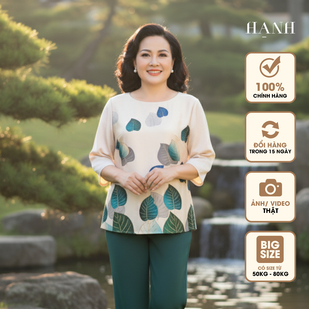 HẠNH - Áo kiểu trung niên cổ tròn chất liệu lụa không nhăn in họa tiết lá bigsize 2491/6.196